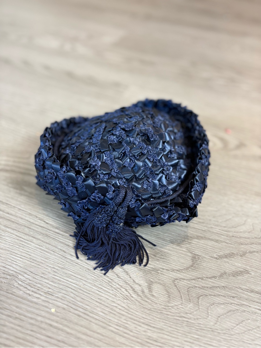 1960s Miss Eileen Navy Braided Straw Hat with Tassel Accent